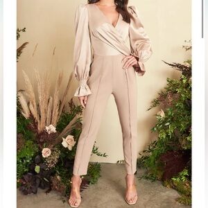 Elegant Beige Jumpsuit with Puff Sleeves